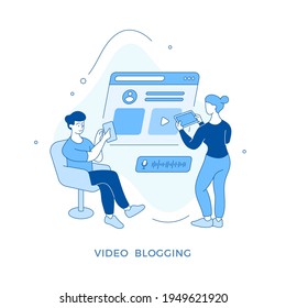 Linear flat Video blogging concept illustration. Male and female cartoon characters making content for video blog using online streaming service. Video editor, live streaming, broadcasting
