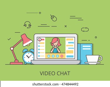 Linear Flat video chat conference website hero image vector illustration. Communication technology and software concept. Laptop with videochat interface active session on screen.