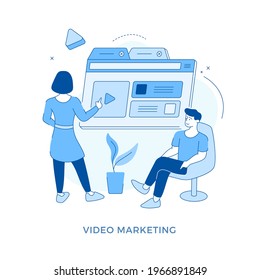 Linear flat Video marketing concept vector illustration. Male and female cartoon characters watching advertisement video in social media app online. Video blog promotion. Streaming service