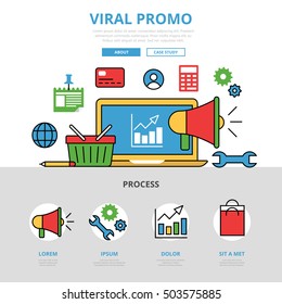 Linear flat viral promo infographics template and icons website hero image vector illustration. Promotion, sale and customer targeting concept.