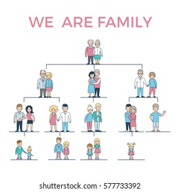 Ilustración vectorial Lineal Somos Familia. Abuelos, padres, hijos conectados con líneas de fondo blanco. Concepto de genealogía.