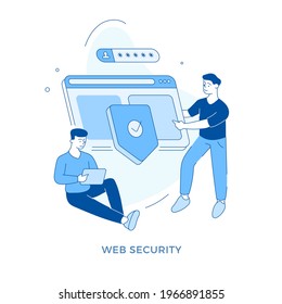 Linear flat Web security concept vector illustration. Male cartoon character advising to keep safe personal information to user. Data protection. Cyber security