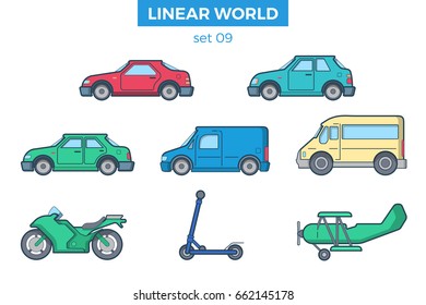 Linear Flat wheeled transport, scooter and car, motorcycle and airplane vector illustration set. Transportation concept.