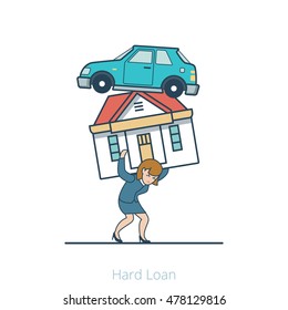 Linear Flat Woman carry heavy house and car vector illustration. Hard Loan business concept.