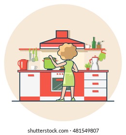 Linear Flat Woman cooking in the kitchen vector illustration. Casual life concept.