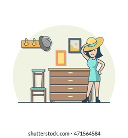Linear Flat woman try on hat in hallway vector illustration. Casual life concept.