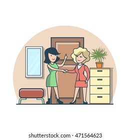 Linear Flat women handshake welcoming at home in hallway interior vector illustration. Casual life concept.