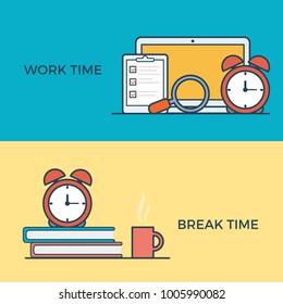 Linear flat work and break time management infographics template website banner icons vector illustration. Business concept. Alarm clock, books, laptop, checklist, search magnifier