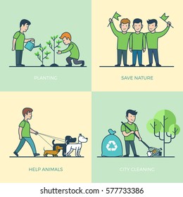 Linear Flat young volunteers walking dog, watering plant, cleaning city vector illustration set. Greenpeace Volunteering concept.