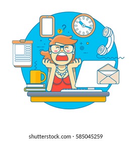 Linear Flat.Multitasking Stressed Business Woman in Office Work Place. Vector illustration