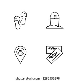 Linear Flip flops, Location, Sand bucket, Tickets Vector Illustration Of 4 outline Icons. Editable Pack Of Flip flops, Location, Sand bucket, Tickets