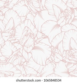 Linear floral background. Seamless pattern with spring flowers irises. Vector illustration blooming garden bouquet Template greeting card, invitation, banner, textile and paper design