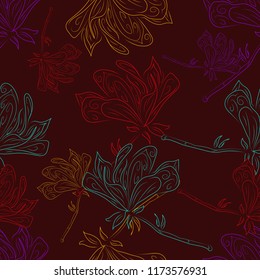 Linear floral background. Seamless pattern with spring flowers magnolia. suitable background, textur, fabric, textile, wallpaper, tile, print, backdrop, vintage,