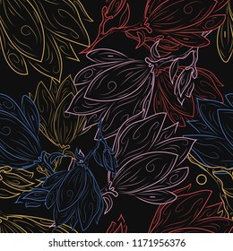 Linear floral doodle background. Seamless pattern with spring flowers magnolia. suitable background, textur, fabric, textile, wallpaper, tile, print, backdrop, vintage,
