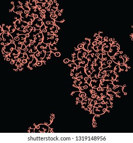 Linear floral pattern in coral color on a black background.