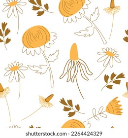 Linear floral seamless pattern with abstract shapes for print, fabric, wallpaper. Scandinavian aesthetic background. Hand drawn floral background.