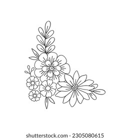 Linear flower arrangement Retro 70s 60s Groovy Hippie Flower Power vibes vector illustration isolated on white. Boho Summer retro colouring page floral bouquet print.