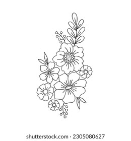 Linear flower arrangement Retro 70s 60s Groovy Hippie Flower Power vibes vector illustration isolated on white. Boho Summer retro colouring page floral bouquet print.