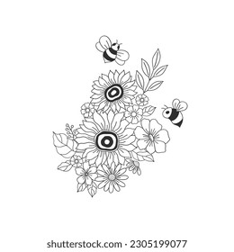 Lineare Blumenanordnung Retro 70s 60s Groovy Hippie Flower Power Vibes Vektorgrafik einzeln auf Weiß. Boho Sommer Retro Farbseite Blumenstrauß Druck.