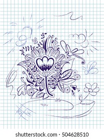 linear flower ballpoint pen drawing, sketch sloppy ballpoint pen on a sheet in a cage