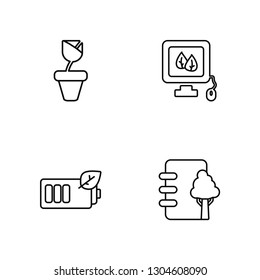 Linear Flower, Battery, Computer, Recycled paper Vector Illustration Of 4 outline Icons. 
