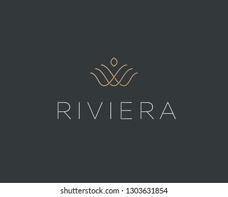 Linear flower crown logotype. Royal real estate icon symbol. Shell pearl vector logo.