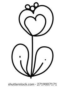 Linear flower in doodle style, outline plant with heart-shaped bud vector illustration for design