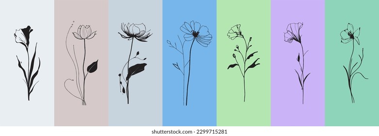 Linear flower drawings, minimal single color