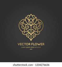 Linear flower emblem. Elegant, classic elements. Can be used for jewelry, beauty and fashion industry. Great for logo, monogram, invitation, flyer, menu, brochure, background, or any desired idea.