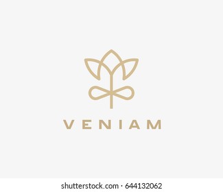 Linear flower gift logo design. Elegant crown premium vector logotype.