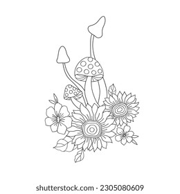 Linear flower and mushrooms arrangement Retro 70s 60s Groovy Hippie Flower Power vibes vector illustration isolated on white. Boho Summer retro floral bouquet colouring page.