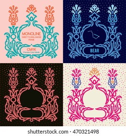 Linear Flower Stylized Frame. Mono Line Floral Wreath For Cover, Packaging, Save the Date, Wedding Invitation, Postcard Template