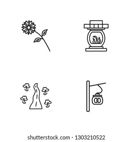 Linear Flower, Tree, Fireplace, Cable car cabin Vector Illustration Of 4 outline Icons. Editable Pack Of Flower, Tree, Fireplace, Cable car cabin