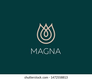 Linear flower water drop icon logo. Premium leaf spa relax tulip vector logotype