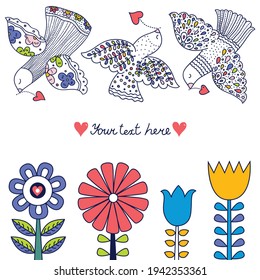 Linear flowers and birds in Scandinavian style. Summer motive. Card.