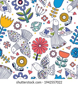 Linear flowers and birds in Scandinavian style. Seamless vector pattern. Seamless pattern can be used for wallpaper, pattern fills, web page background, surface textures.