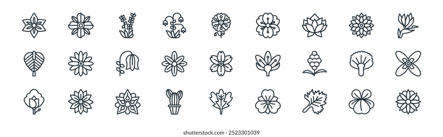 linear flowers icon pack. vector thin line pansy, borage, lavender, dahlia, delphinium, garlic mustard, arugula, anemone icons suitable for apps and websites ui designs