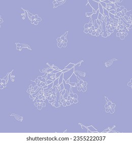 Linear flowers of jacaranda tree on purple background. Vector Seamless pattern. Hand drawn elements. Elegant floral background for design packaging textile wallpaper fabric
