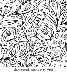 linear flowers on monotone drawings. vector floral seamless pattern with hand drawn fantasy blooms.ink sketch imitation.