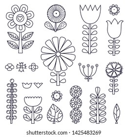 Linear flowers in Scandinavian style. Summer motive. Set.