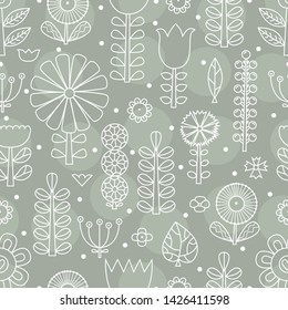 Linear flowers in Scandinavian style. Summer motive. Vector seamless pattern.