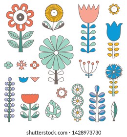 Linear flowers in Scandinavian style. Summer motive. Set.