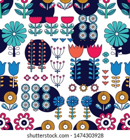 Linear flowers in Scandinavian style. Summer motive. Vector seamless pattern.Can be used in textile industry, paper, background, scrapbooking.