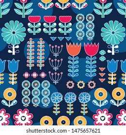 Linear flowers in Scandinavian style. Summer motive. Vector seamless pattern.Can be used in textile industry, paper, background, scrapbooking.
