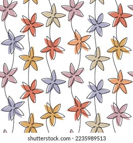 Linear flowers seamless pattern. Abstract floral line vector illustration. Botanical outline backdrop. Wallpaper, background, fabric, textile, print, wrapping paper or package design.