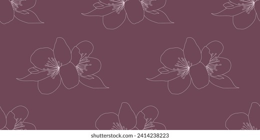 Linear flowers Seamless pattern. Outline Boho Botany elements, Vector illustration for Background, Textile, Wrapping paper, Wallpaper, Wedding Decoration, Invitation, Card. Design Line art Template.