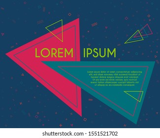 Linear flying triangles geometric banner vector design. Poster or flyer template with geometric confetti - triangles, circles, squares, cross, zigzag shapes. Banner graphic design with text place.