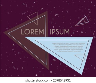 Linear flying triangles geometric banner vector design. Poster or flyer template with geometric confetti - triangles, circles, squares, cross, zigzag shapes. Banner background with text place.