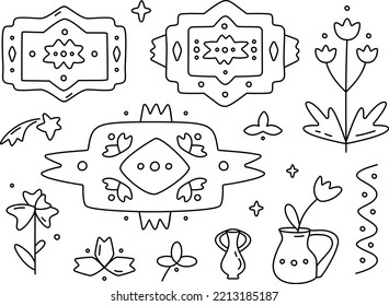 Linear folk art elements set. Pre-mad native aesthetic items collection. Hand drawn line art vector illustration