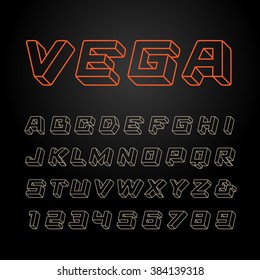Linear font. Vector alphabet with 3d effect letters and numbers.
